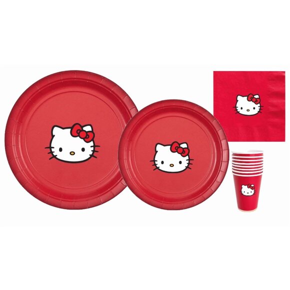 Kitty Party Supplies Set, Red Paper Plates, Cups and Napkins, Party Pack - Picture 1 of 4